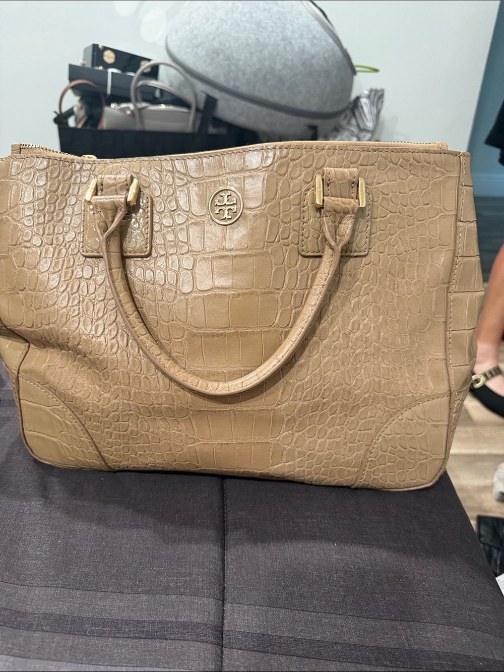 Tory Burch Croc-Embossed Tote in Camel Brown with Gold Hardware